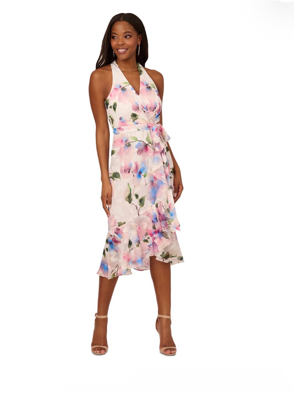 Adrianna Papell SZ 8 NWT Floral Halter Wrap Ruffle Midi Dress GALA MOB Cocktail
